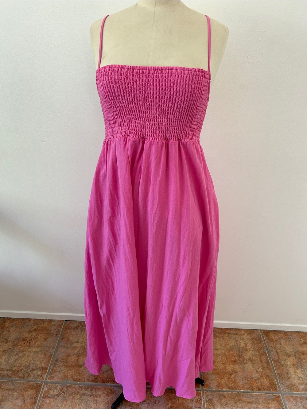Z Supply Hot Pink Smocked Bodice Midi Sundress, Adjustable Straps, Size M